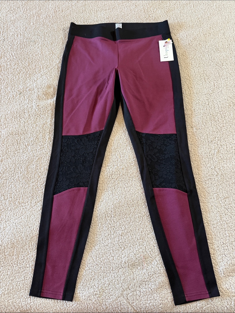 Utopia by Hue Burgundy and Black Lace-Panel Leggings - Sculpting Colorblock Fit